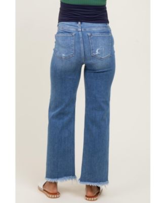 Blue Frayed Hem Ankle Straight Leg Maternity Jeans