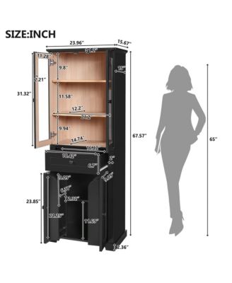 67" Freestanding Tall Bathroom Linen Tower Cabinet with Tempered Glass Doors, Adjustable Shelves, Drawer & Soft-Close Design