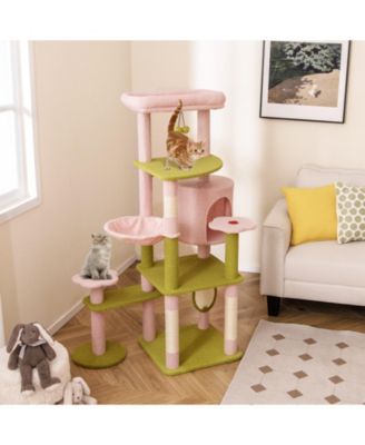 58'' Plush Cat Tree Floral Climbing Tree Multi-level Cat Tower w/ Round Basket