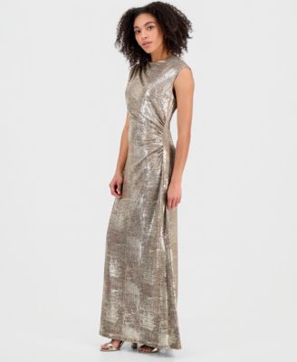 Women's Metallic Jersey Ruched Sleeveless Gown