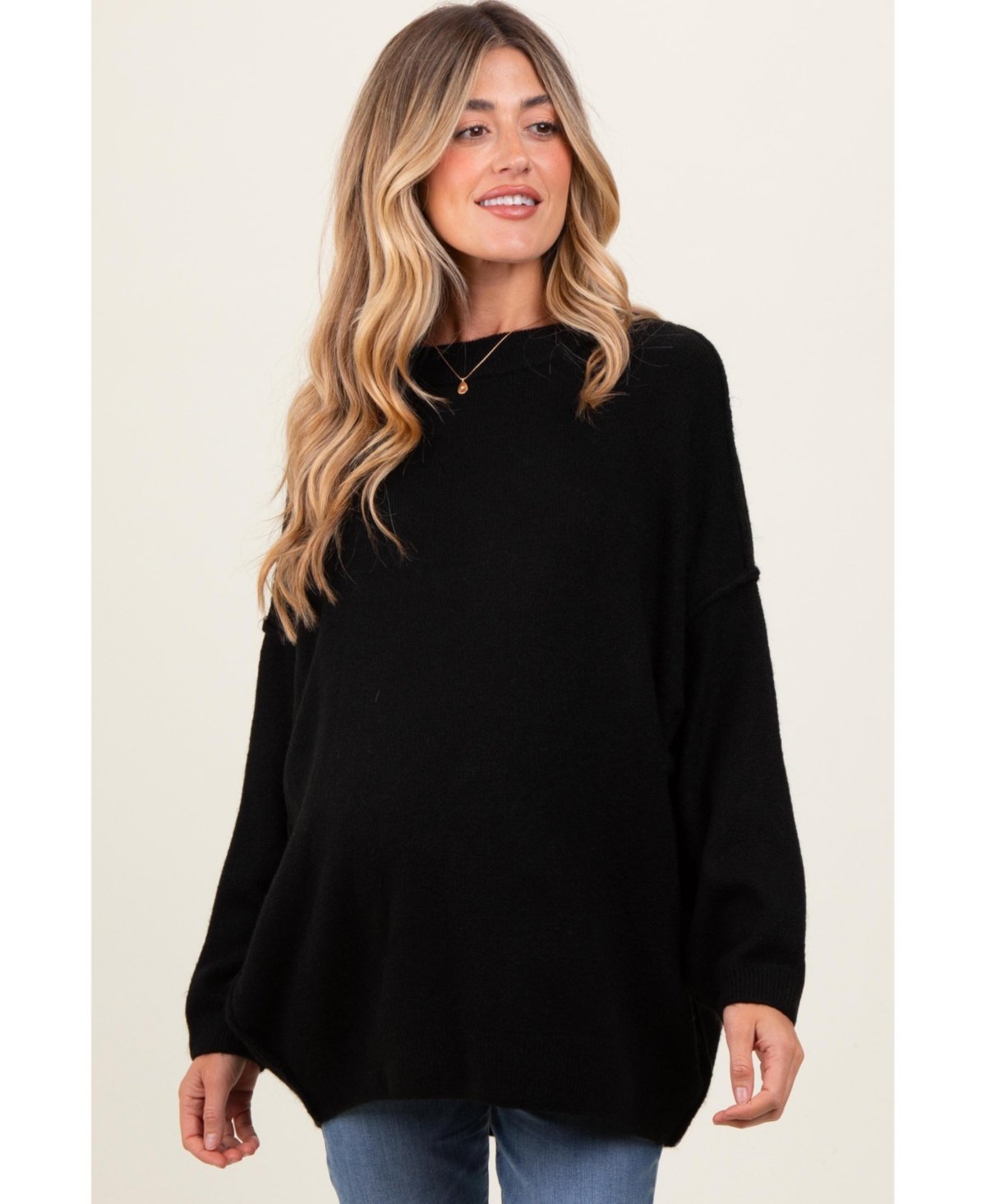 Pinkblush Maternity Black Oversized Crewneck Melange Knit Sweater