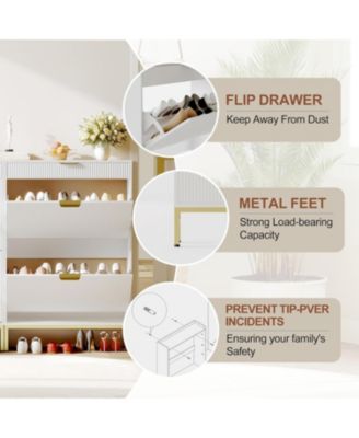 Fluted shoe cabinet with 2 flip drawers, 1 drawer, and a hook. Modern farmhouse style with metal legs. Perfect for narrow entryways,White