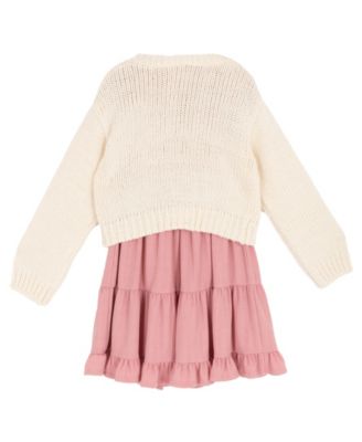 Girls' 7-16 Tiered Dress and Bow Detail Cardigan, 2-Piece Set