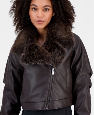 Women's Faux-Fur-Trim Faux Leather Moto Jacket, Macy's Exclusive