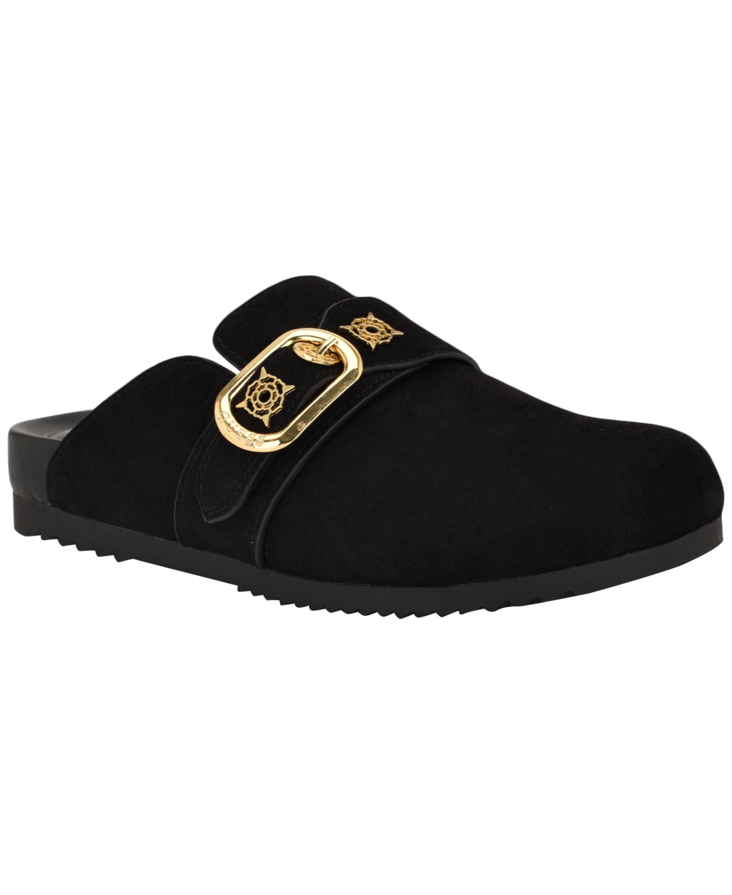 Женские сабо GUESS Galavanta Buckle Slip-On Flat, цвет: Чёрный замшевый — фото 1