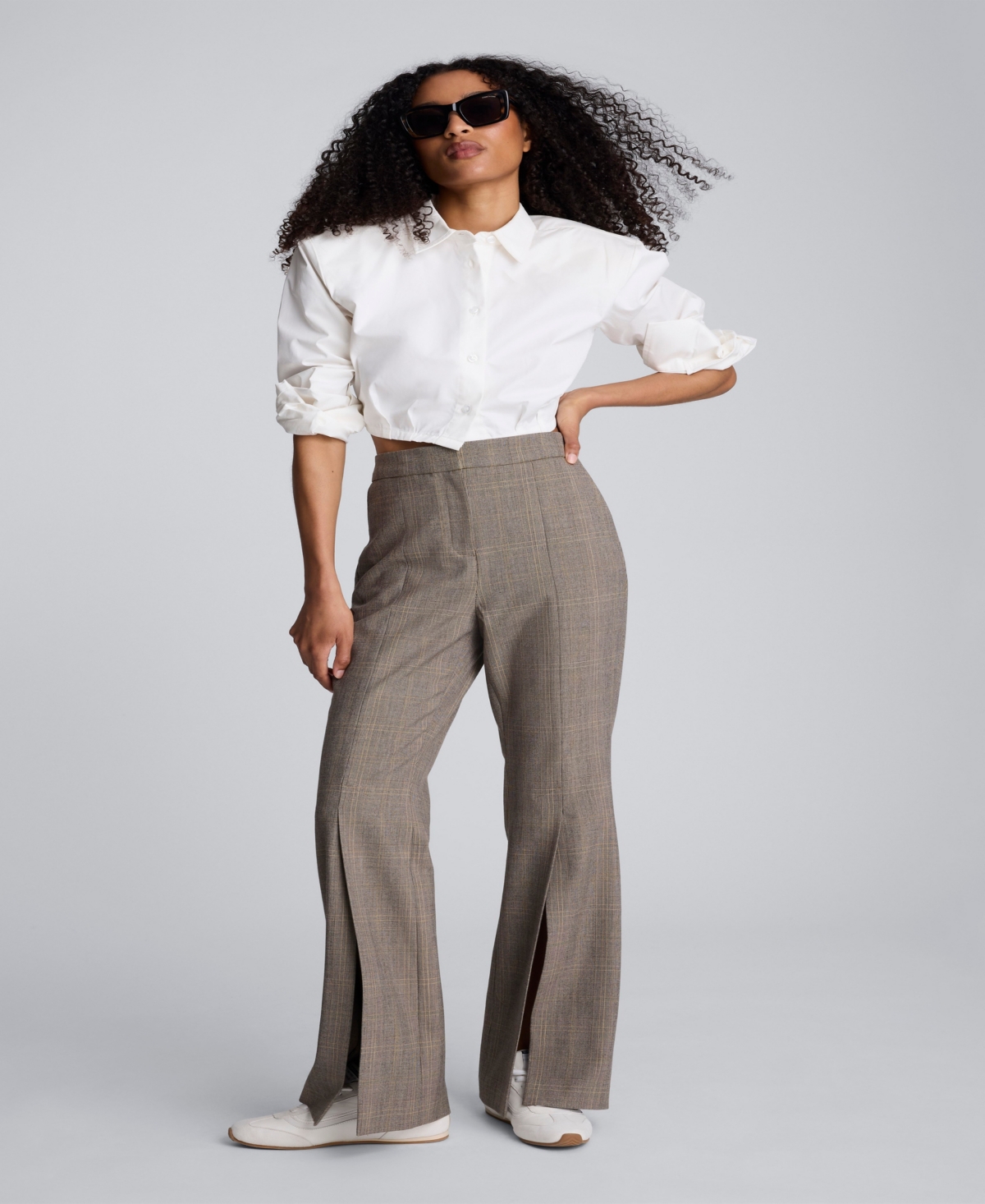 Kenneth Cole Plaid High Rise Split Front Flare Leg Pant In Multi