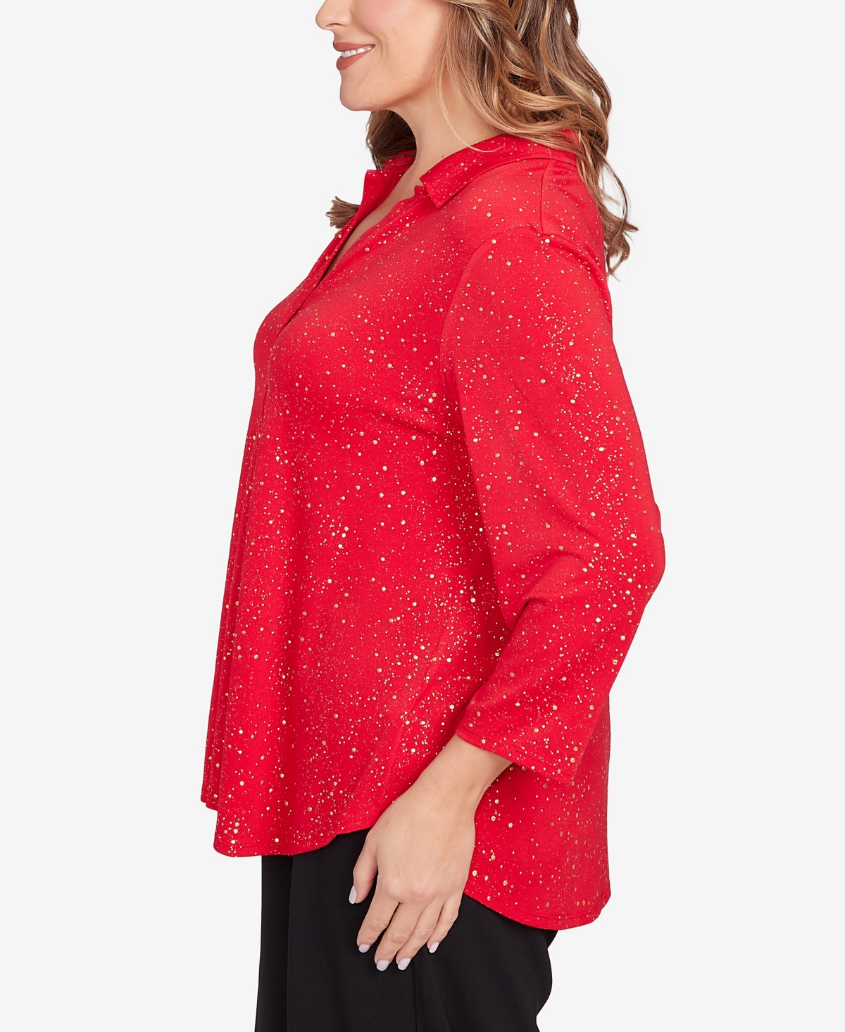 Ruby Rd. Plus Size Metallic Dew Drop Shirt Collar Top In Red