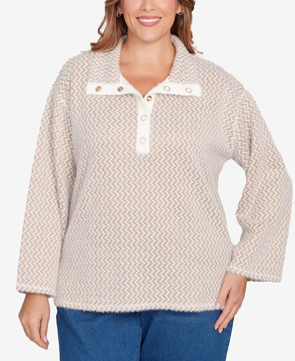 Ruby Rd. Plus Size Zig Zag Snappy Sweater Knit Top In Neutral