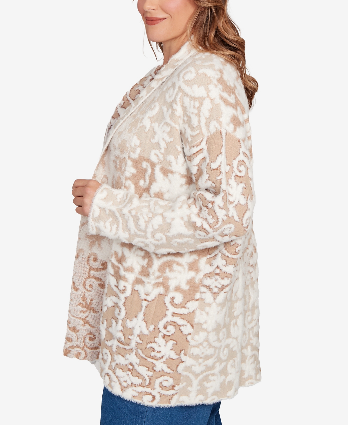 Ruby Rd. Plus Size Eyelash Scroll Jacquard Cardigan Sweater In Brown