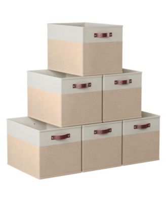 6 Pack Linen Fabric Kallax Storage Cube Bin with Faux Leather Handles