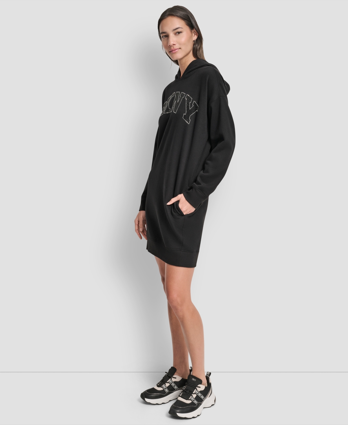 Dkny Women's Exploded Rhinestone Varsity Logo Hoodie Sneaker Dress