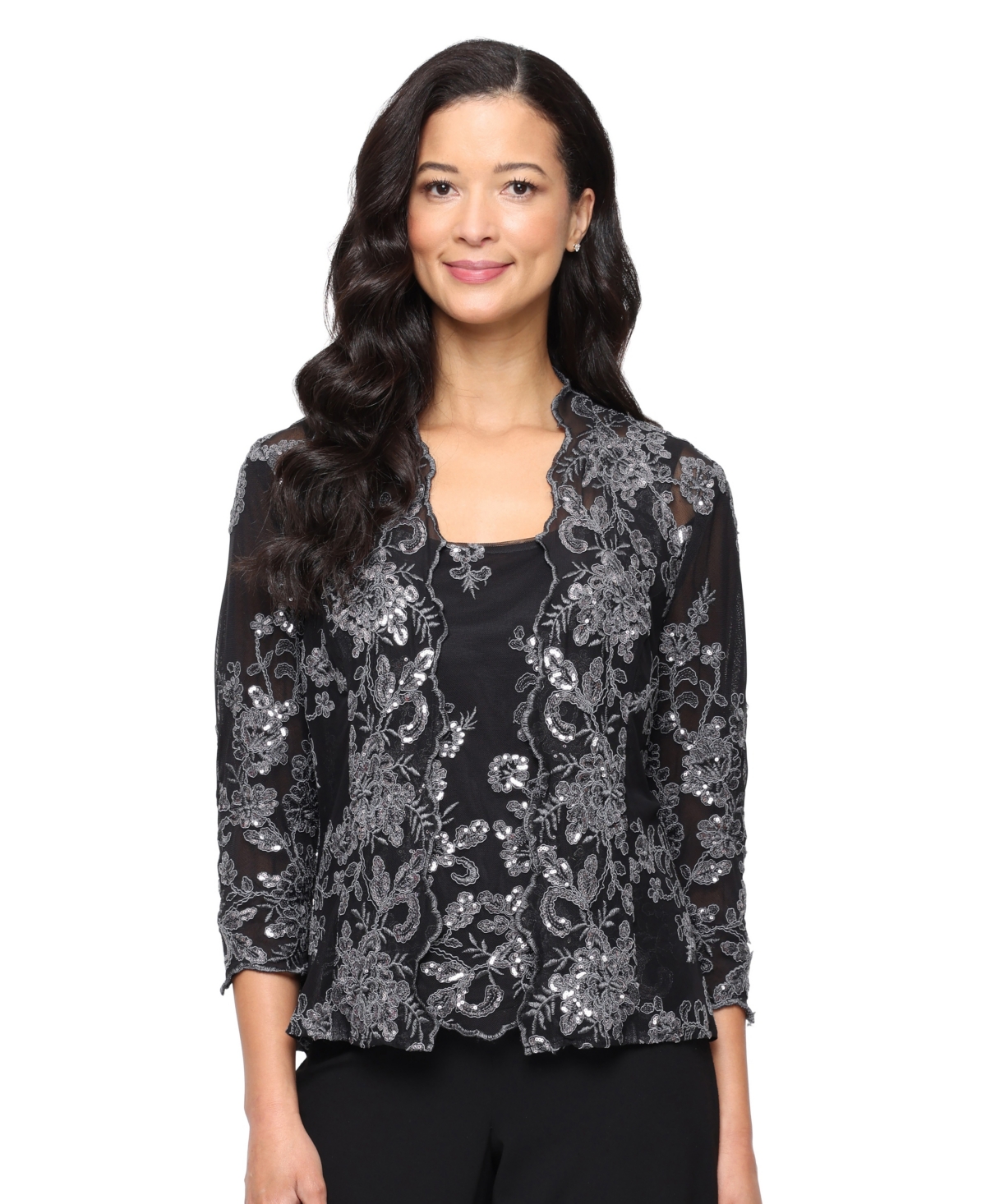 Alex Evenings Women's Embroidered Tank And 3/4-sleeve Open Jacket Twinset In Black