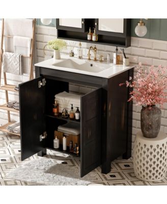 30" Solid Wood & MDF Bathroom Vanity with Ceramic Sink, Soft-Close Doors & Adjustable Shelf Storage Cabinet