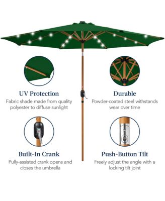 10ft Solar LED Lighted Outdoor Woodgrain Pattern Steel Market Patio Umbrella