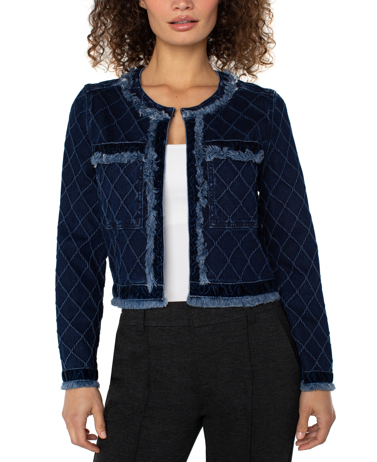 Liverpool Los Angeles Frayed Velvet Trim Denim Jacket In Blue