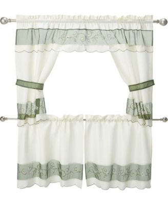 5 Piece Embroidered Floral Kitchen Curtain Tier Curtain Valance & Tiebacks Set