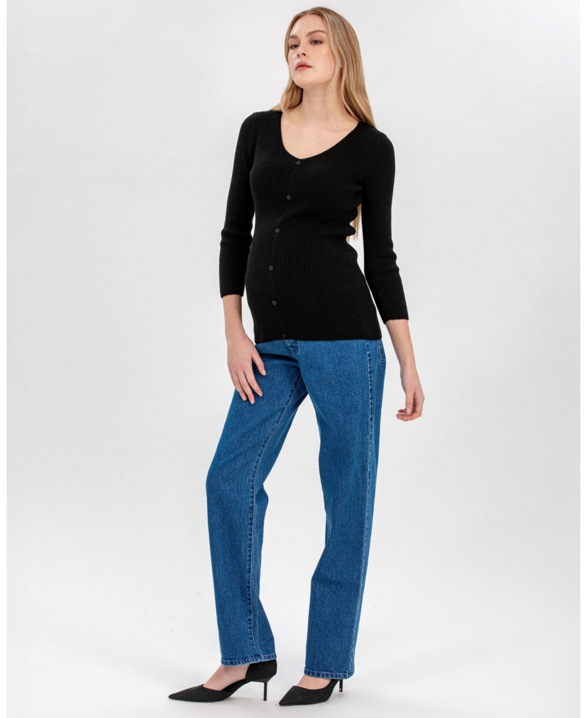 Pietro Brunelli Maternity Ribbed Bella Sweater with Button Detail V-Neck 3/4 Sleeve