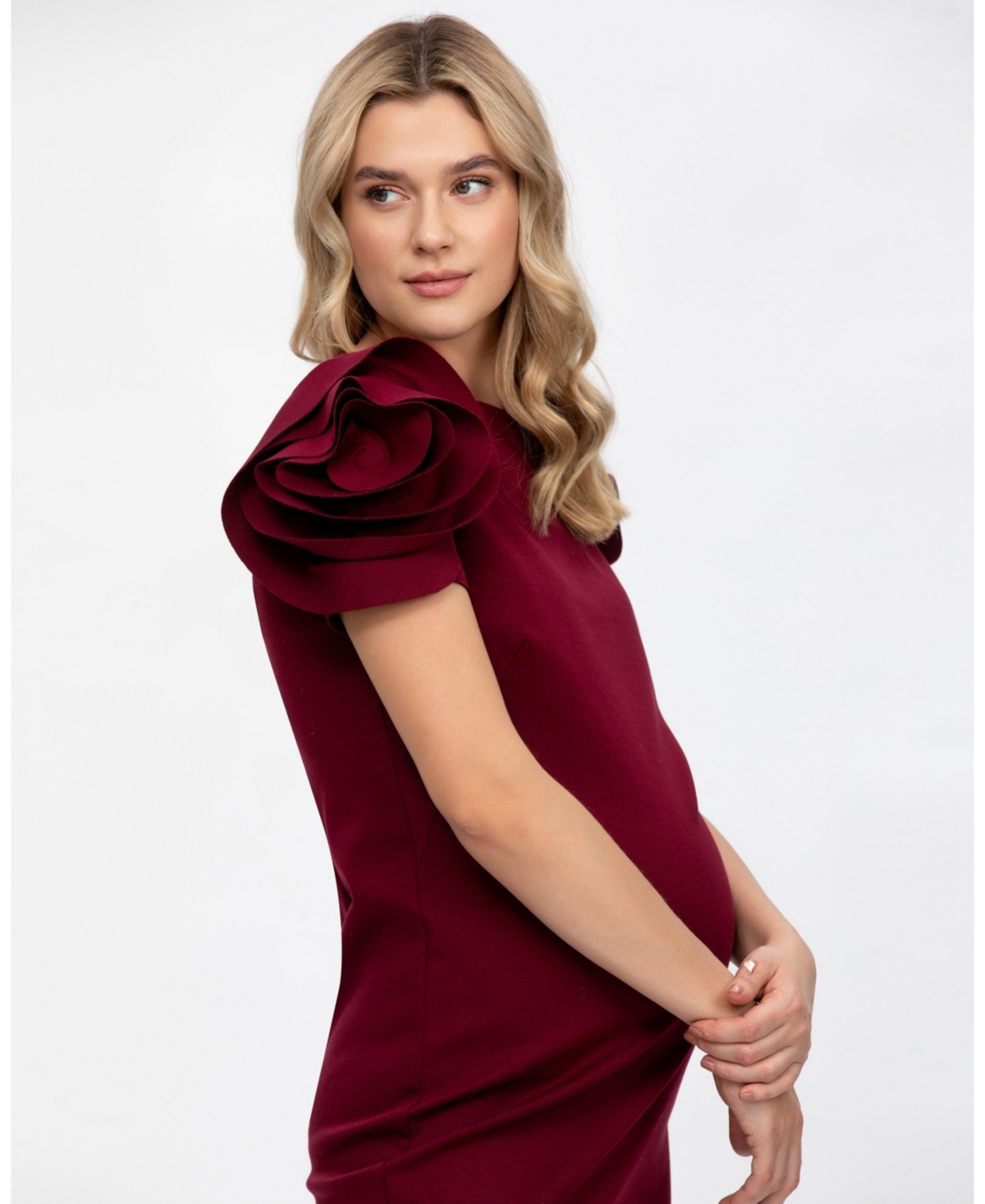 Pietro Brunelli Maternity Maternity Sheath Capri Dress With Rose Sleeve Detail In Burgundy