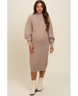 Maternity Beige Mock Neck Bubble Sleeve Midi Sweater Dress