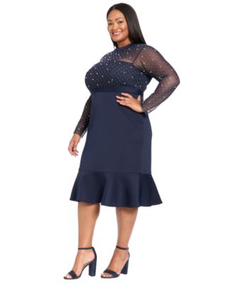 Plus Size Beaded Illusion Mock-Neck Midi Dress