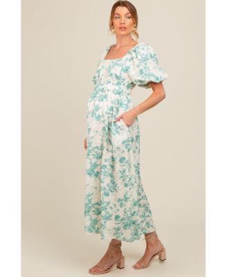 Maternity Teal Floral Puff Sleeve Midi Dress
