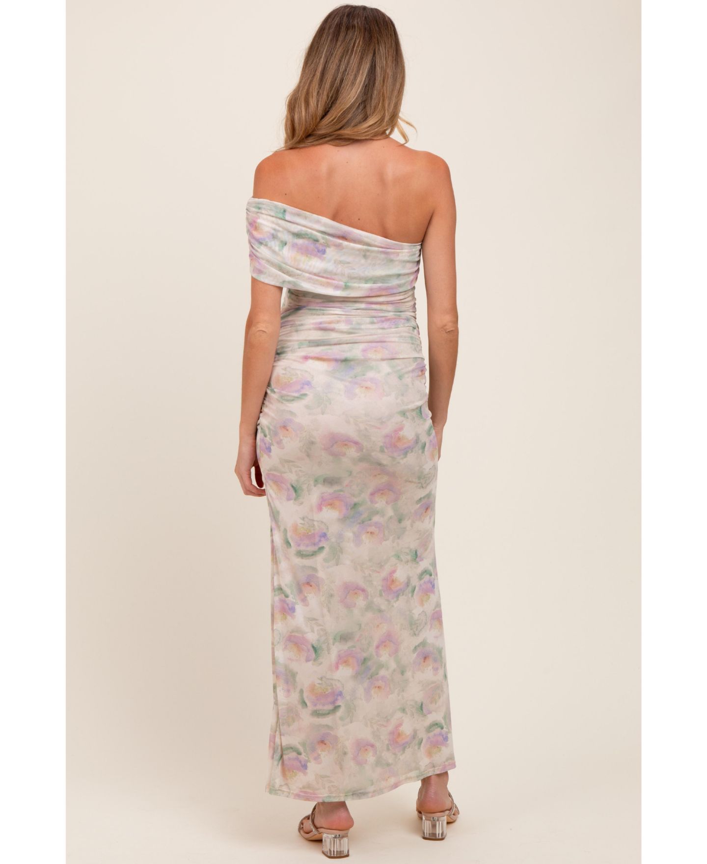 Женское платье Pinkblush Light Pink Floral One Shoulder Ruched Maxi, цвет: Кремовый — фото 3