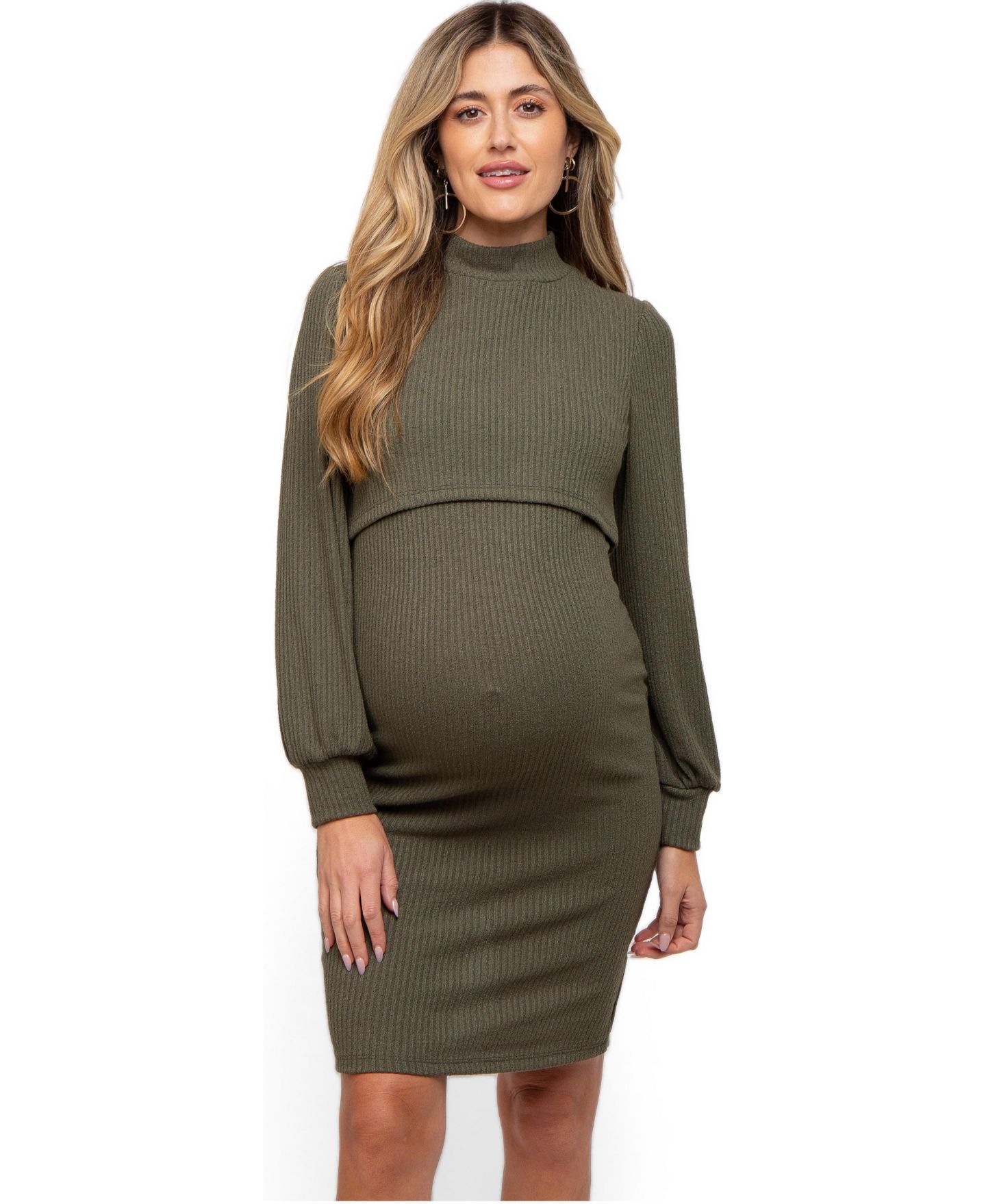Женское платье Pinkblush Olive Rib Knit Mock Neck Nursing, цвет: Оливковый зелёный — фото 1