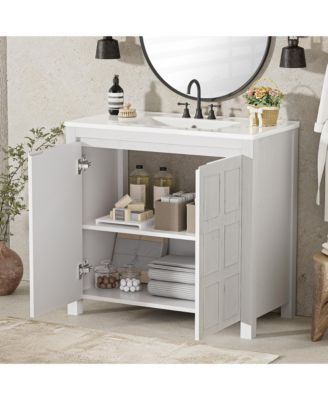 36" Solid Wood Bathroom Vanity Set with Ceramic Sink & Distressed Finish Storage Cabinet Organizer