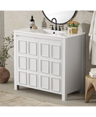 36" Solid Wood Bathroom Vanity Set with Ceramic Sink & Distressed Finish Storage Cabinet Organizer