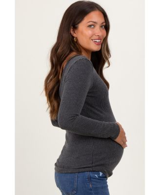 Maternity Charcoal Ribbed Scoop Neck Long Sleeve Top