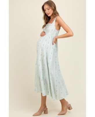 Maternity Light Blue Cotton Floral Square Neck Sleeveless Maxi Dress