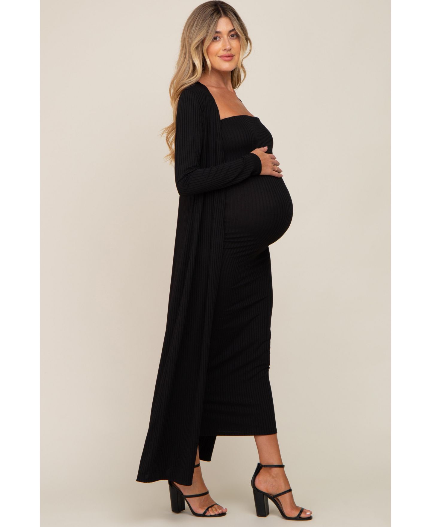 Женские платья Pinkblush Black Ribbed Sleeveless Dress Cardigan Set, цвет: Чёрный — фото 5