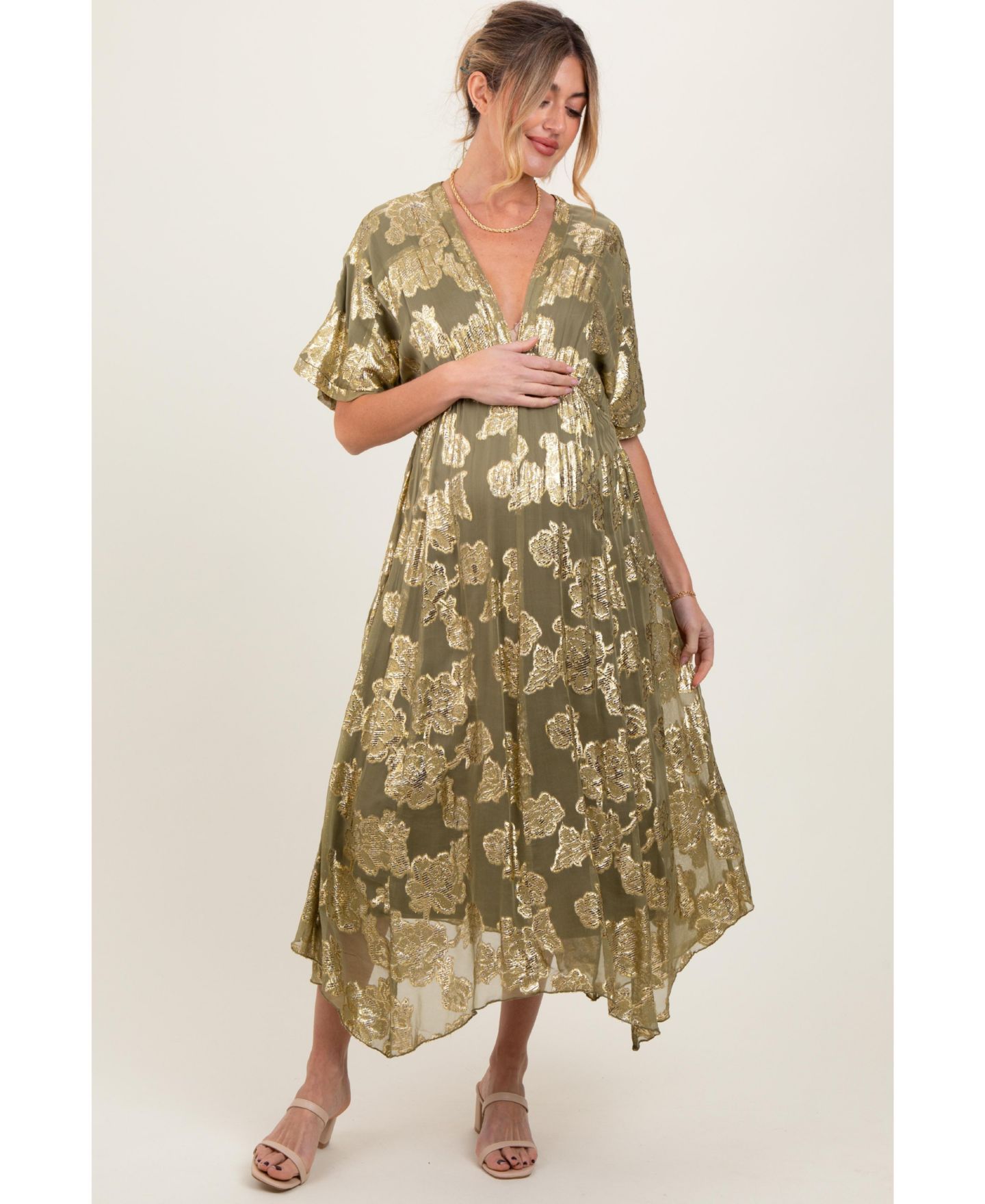 Женское платье Pinkblush Olive Metallic Floral Jacquard Overlay Maxi, цвет: Оливковый зелёный — фото 1