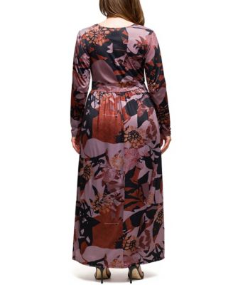 Plus Size Gray Floral Print Long Sleeve Wrap Maxi Dress