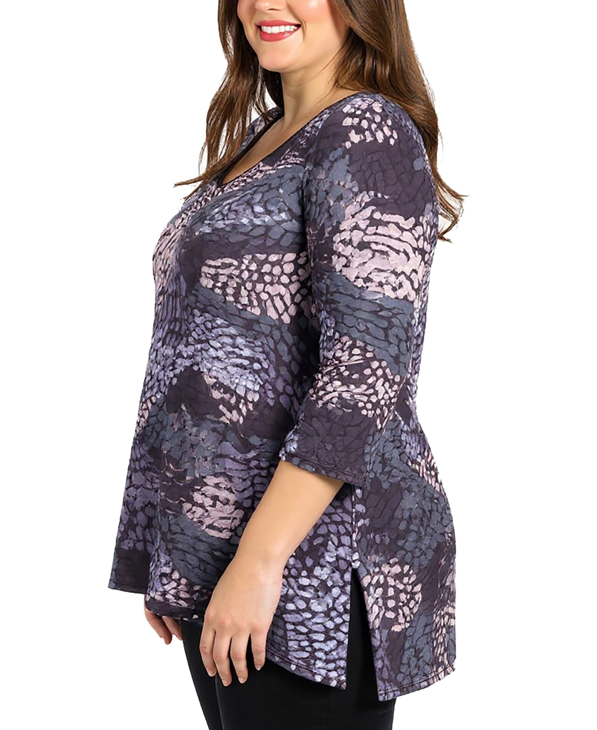 24seven Comfort Apparel Plus Size Gray Abstract Print V Neck Tunic Top In Blue