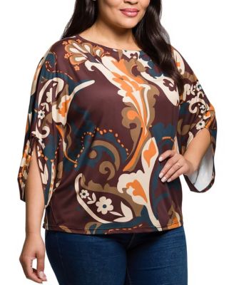 Plus Size Brown Paisley Print Dolman Sleeve Top