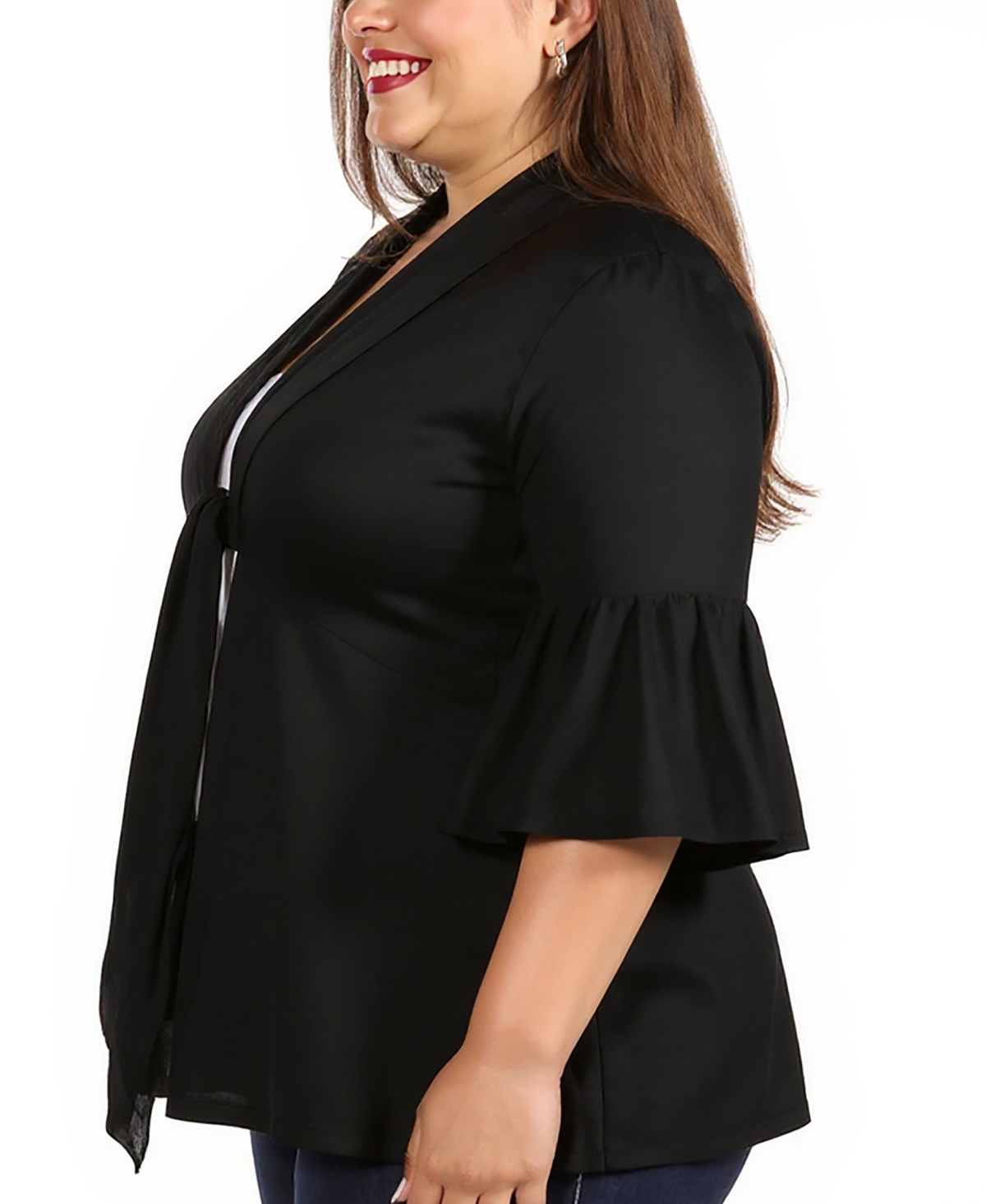 24seven Comfort Apparel Plus Size Tie Front Bell Sleeve Cardigan Jacket In Black