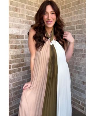 Maternity Olive Colorblock Pleated Halter Neck Maxi Dress