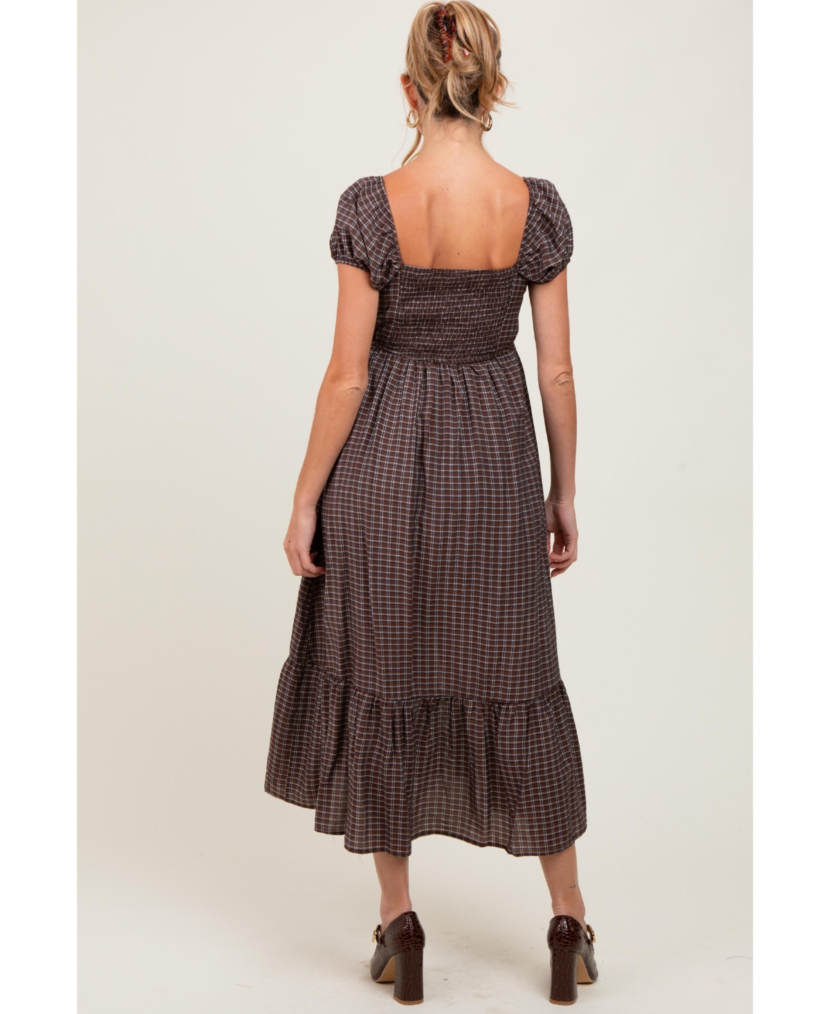 Pinkblush Maternity Brown Plaid Puff Sleeve Button Down Maxi Dress