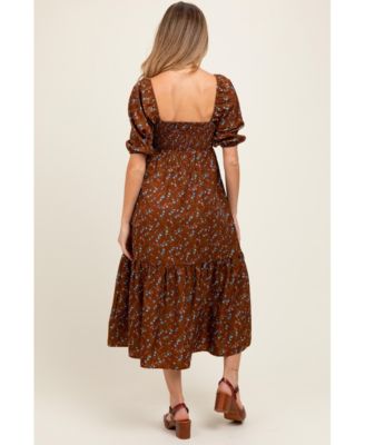 Maternity Mocha Floral Sweetheart Puff Sleeve Midi Dress