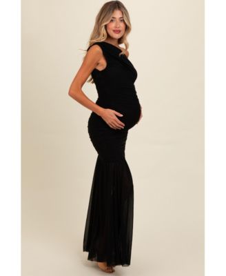 Maternity Ruched Mesh One Shoulder Maxi Dress