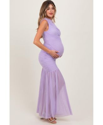Maternity Ruched Mesh One Shoulder Maxi Dress