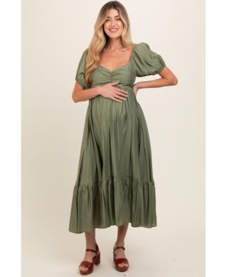 Maternity Olive Ruched Sweetheart Neck Tiered Midi Dress