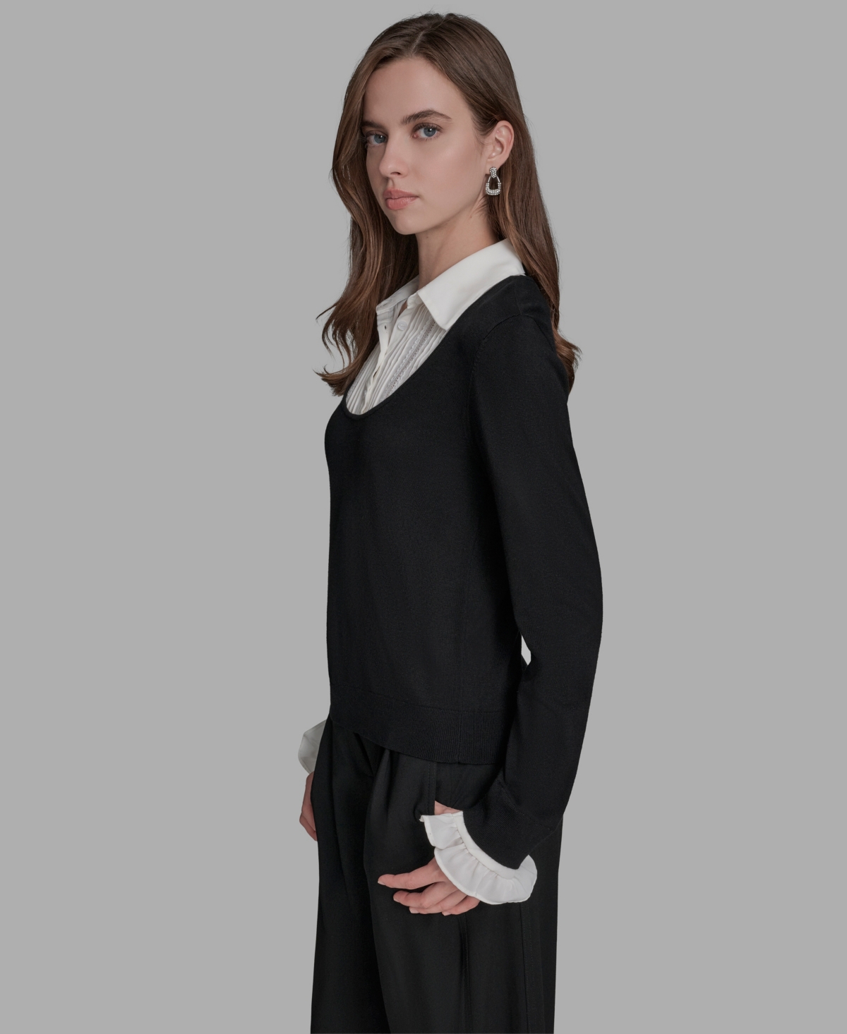 Bcbg Women's Long Sleeve With Embroidered Bib Sweater In Black