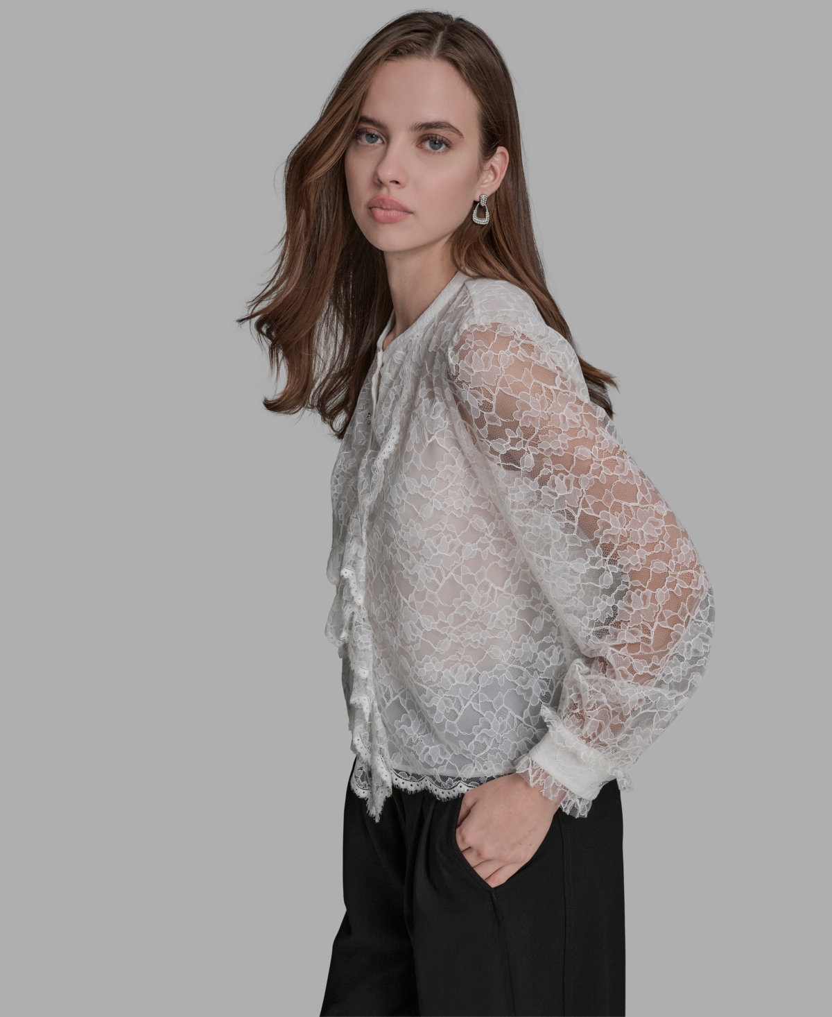 Bcbg Women's Long Sleeve Lace With Rhinestone Top In White