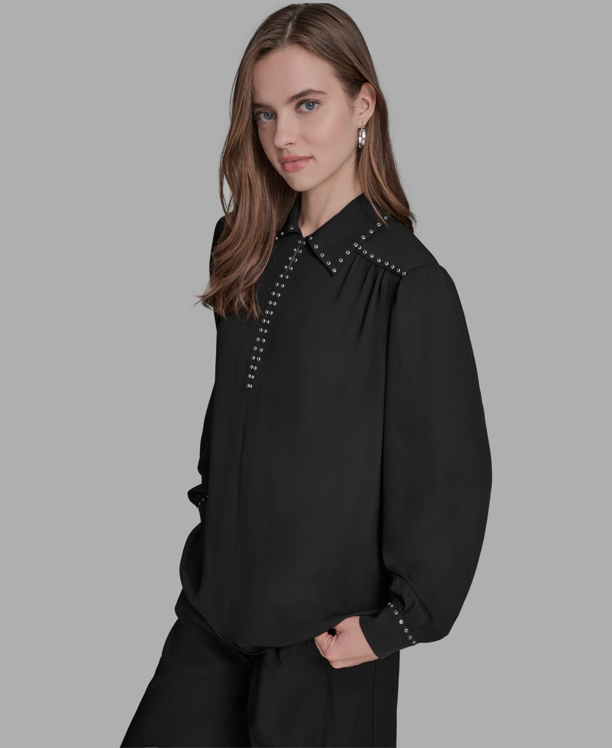 Bcbg Women's Long Sleeve Embellish Trim Top In Black