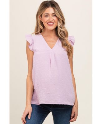 Maternity Lavender Swiss Dot Flutter Sleeve V-Neck Top