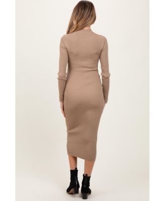 Maternity Light Taupe Mock Neck Fitted Ribbed Knit Midi Dress