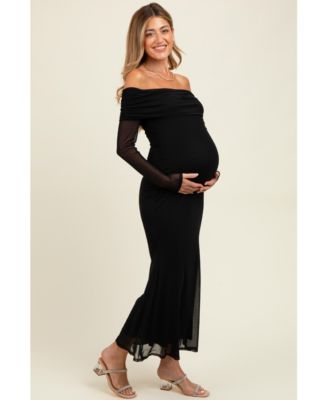 Maternity Black Mesh Overlay Off Shoulder Long Sleeve Midi Dress