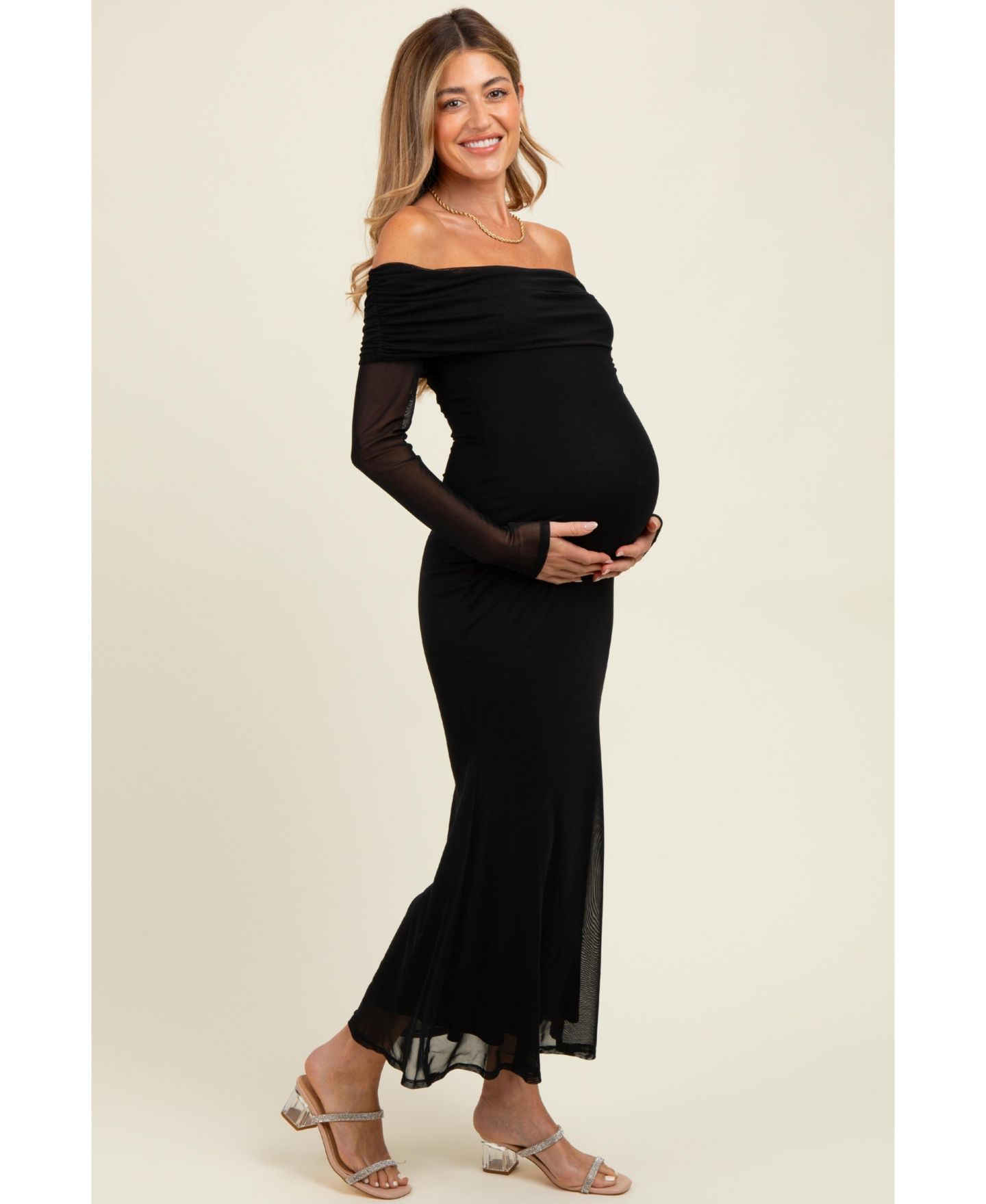 Женское платье Pinkblush Black Mesh Overlay Off Shoulder Long Sleeve Midi, цвет: Чёрный — фото 3
